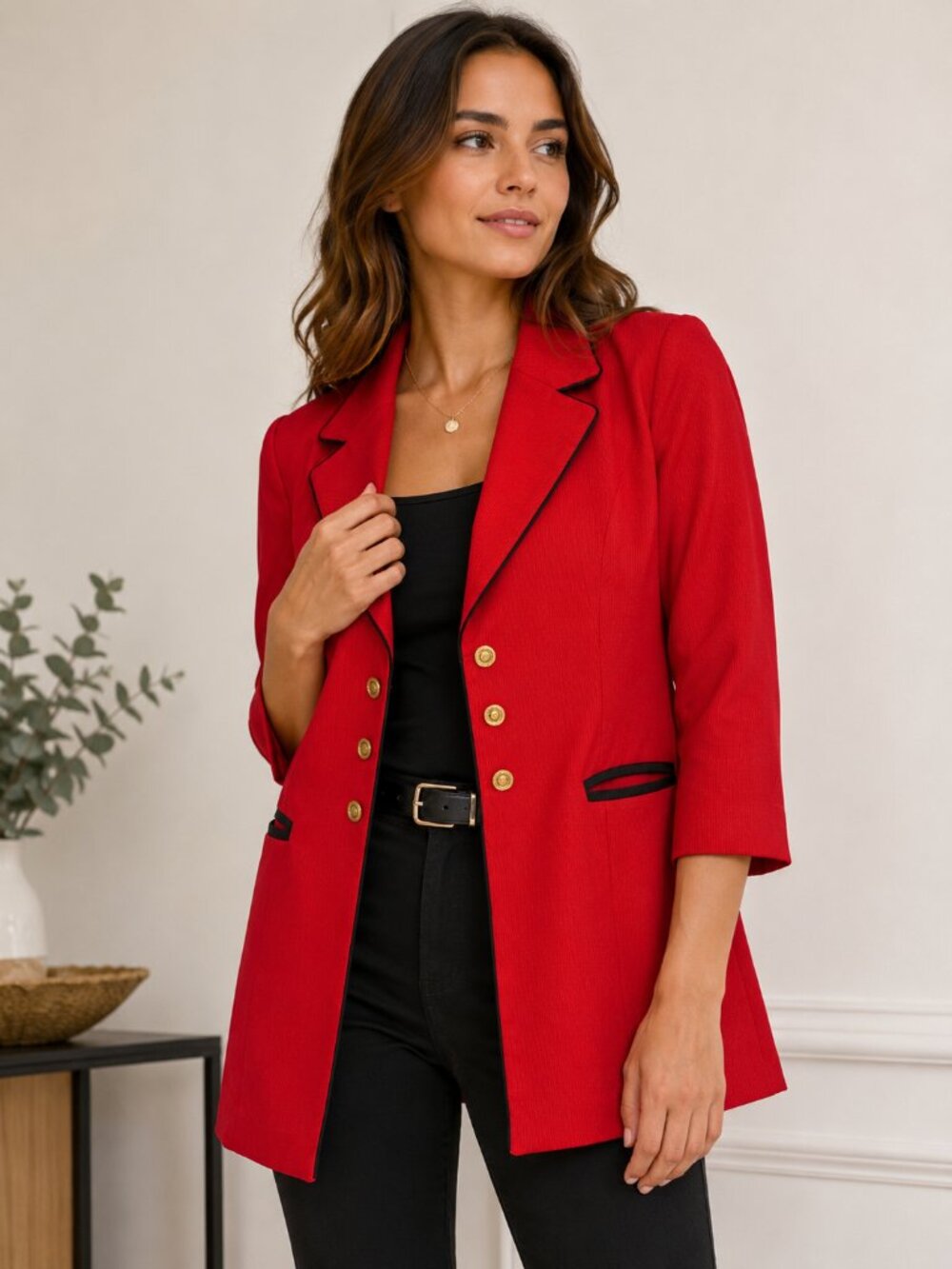 Vintage Red Longline Blazer Jacket Gold Buttons Black Trim Women’s Medium Approx